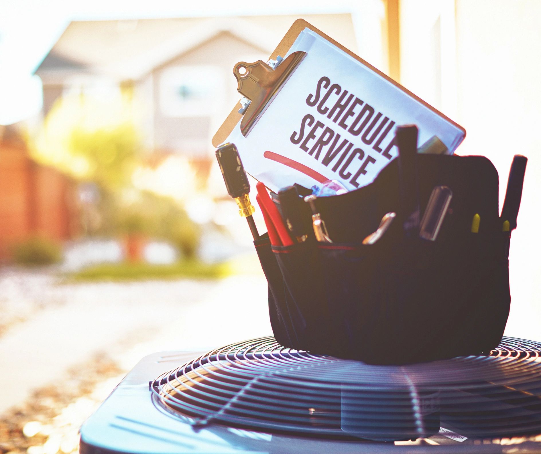 Outdoor air conditioning unit with tools ready for service