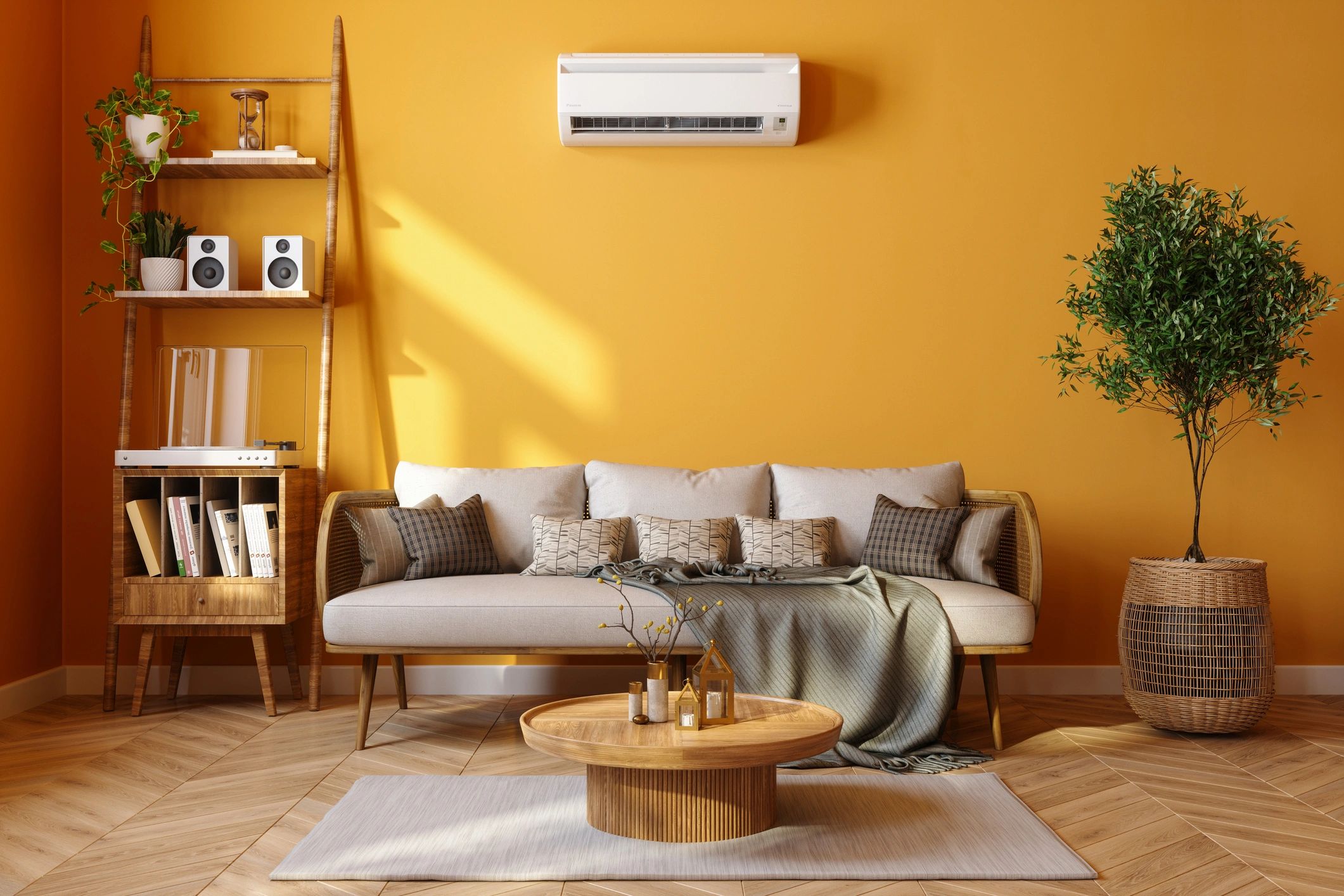 Modern living room with wall-mounted split system air conditioner